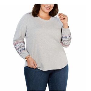 NWT Womens Gray Embroidered Yoke Crew Neck Pullover Long Sleeve Top Size Large